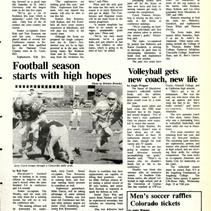 Articles on men and women's cross country, football, and women's volleyball